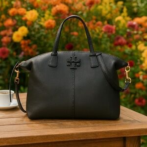 NEW Tory Burch McGraw Black Pebbled Leather Zip Top Satchel/Crossbody Bag